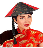 Chapeau de chinois rouge et noir avec natte